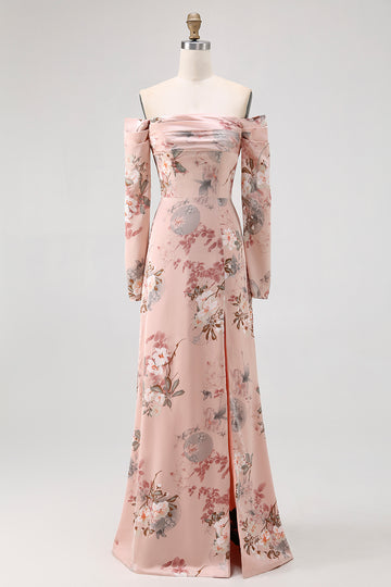 Blush Floral Off The Shoulder Sheath Long Wedding Guest Dress with Slit